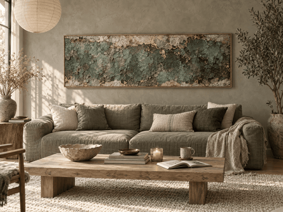 Green and Gold Wall Art – Oversized Verdigris Patina Textured Look Canvas for Living Room