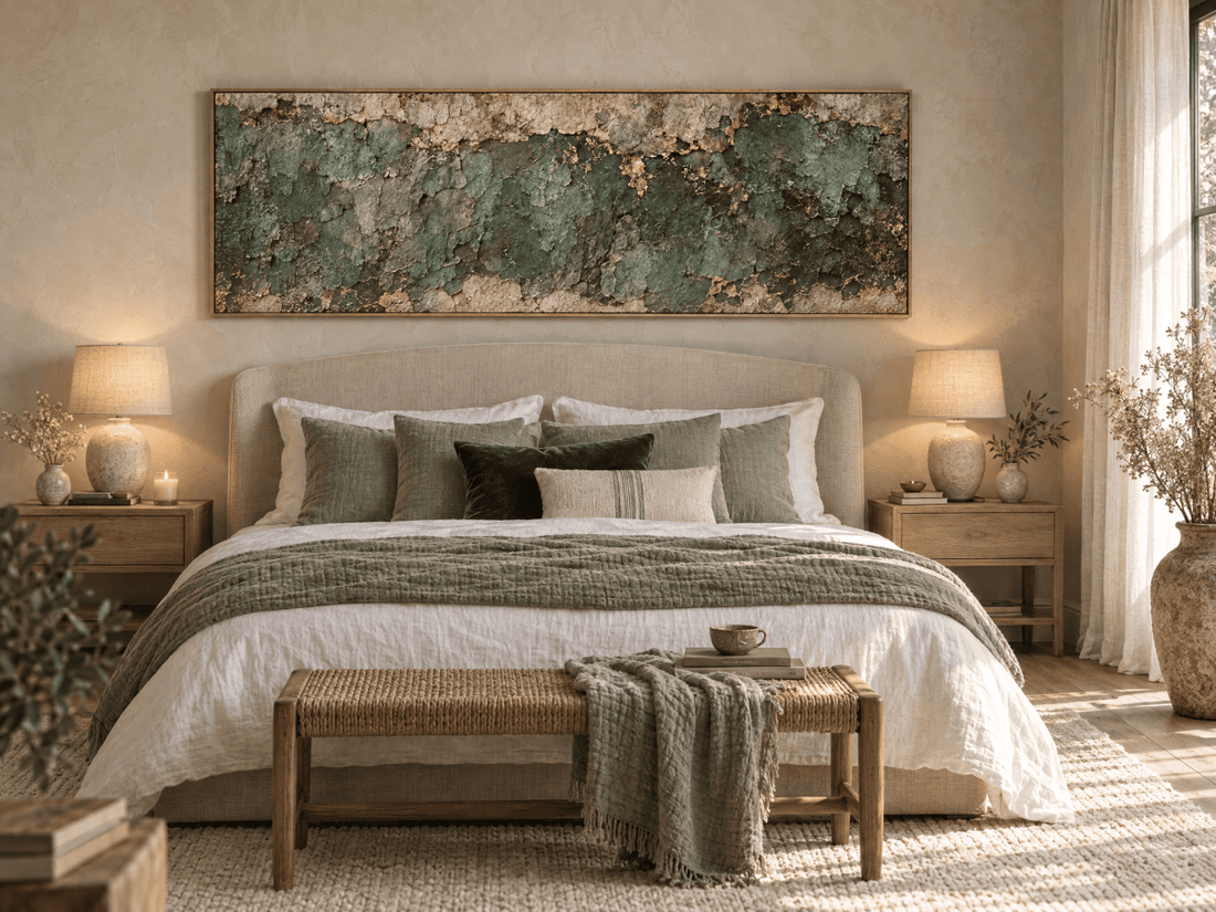 Green and Gold Wall Art – Oversized Verdigris Patina Textured Look Canvas for Living Room - Sense for Decor