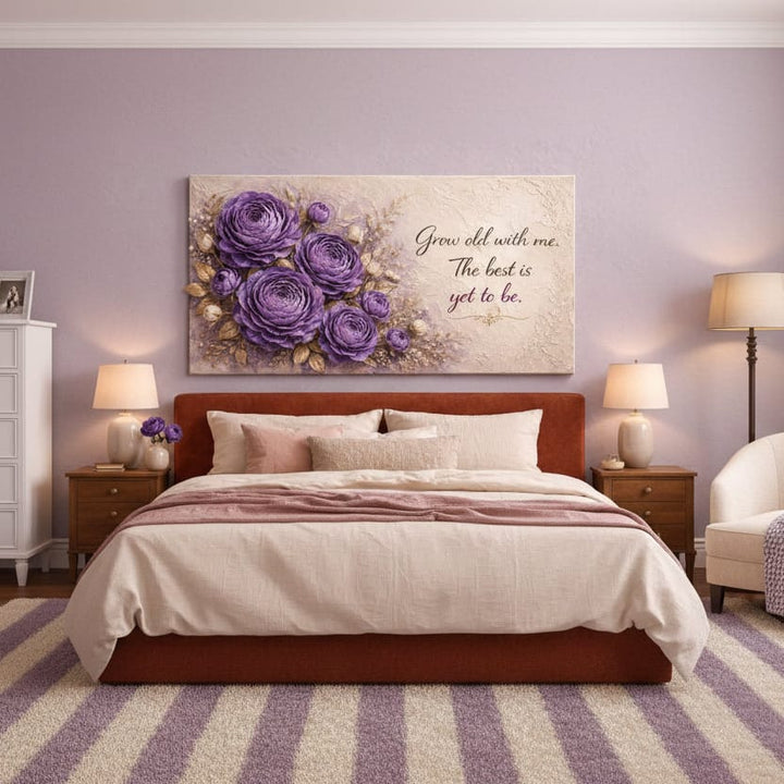 Grow Old With Me The Best Is Yet To Be Wall Art - 3D Purple Floral Canvas with Gold Texture - Sense for Decor