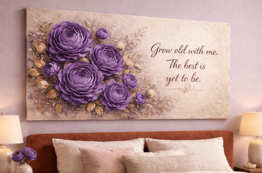 Grow Old With Me The Best Is Yet To Be Wall Art - 3D Purple Floral Canvas with Gold Texture - Sense for Decor