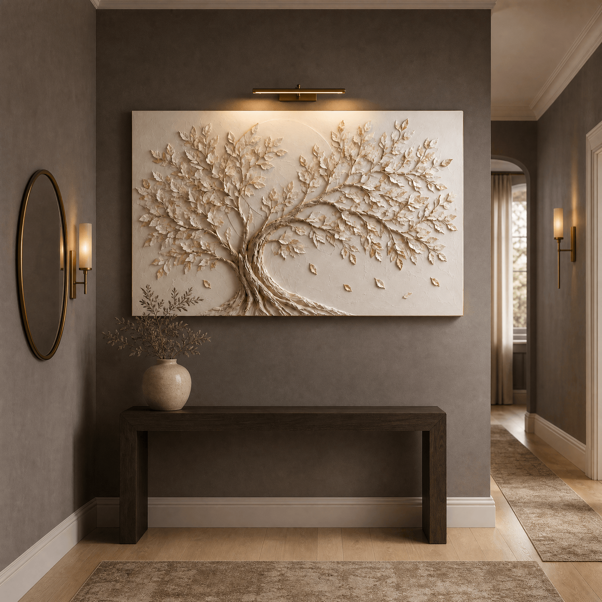 Gold leaf tree of life relief canvas on a hallway wall