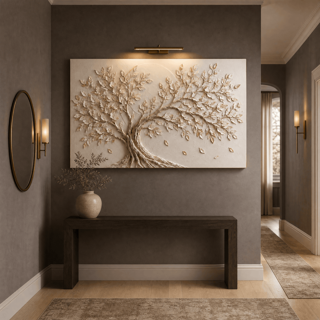 Gold leaf tree of life relief canvas on a hallway wall
