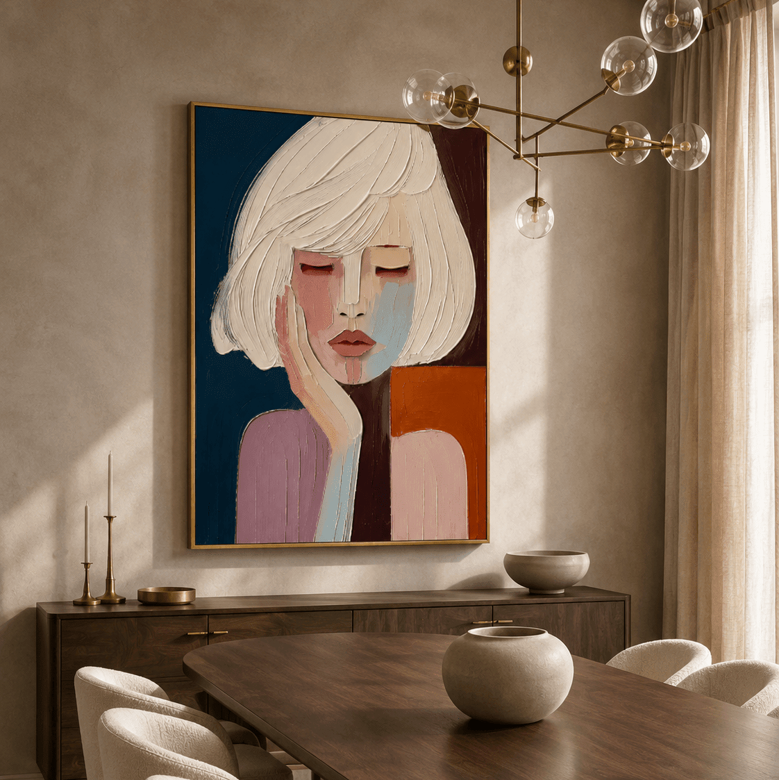 Hand Painted Figurative Canvas Wall Art, Cream and Navy Large Vertical Portrait – Quiet Reverie - Sense for Decor