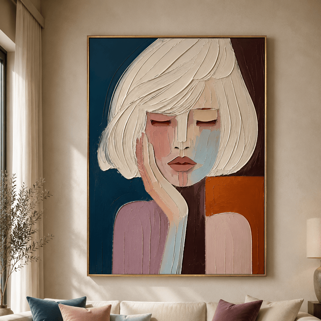 Hand Painted Figurative Canvas Wall Art, Cream and Navy Large Vertical Portrait – Quiet Reverie - Sense for Decor