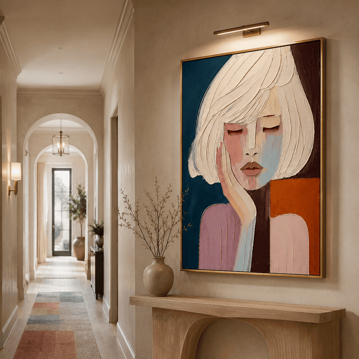 Hand Painted Figurative Canvas Wall Art, Cream and Navy Large Vertical Portrait – Quiet Reverie - Sense for Decor