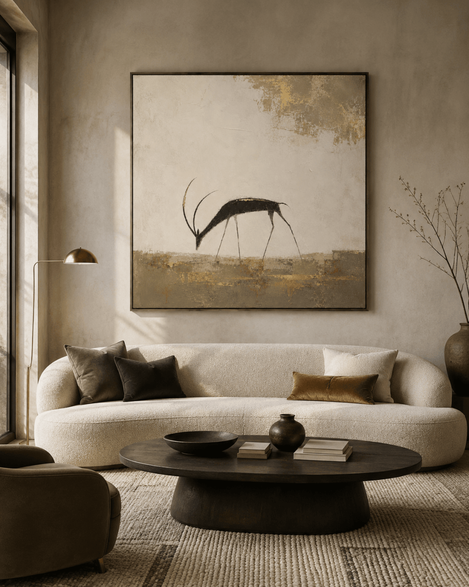 Hand Painted Gazelle Canvas Wall Art, Cream and Gold Leaf Large Square – Still Savannah - Sense for Decor
