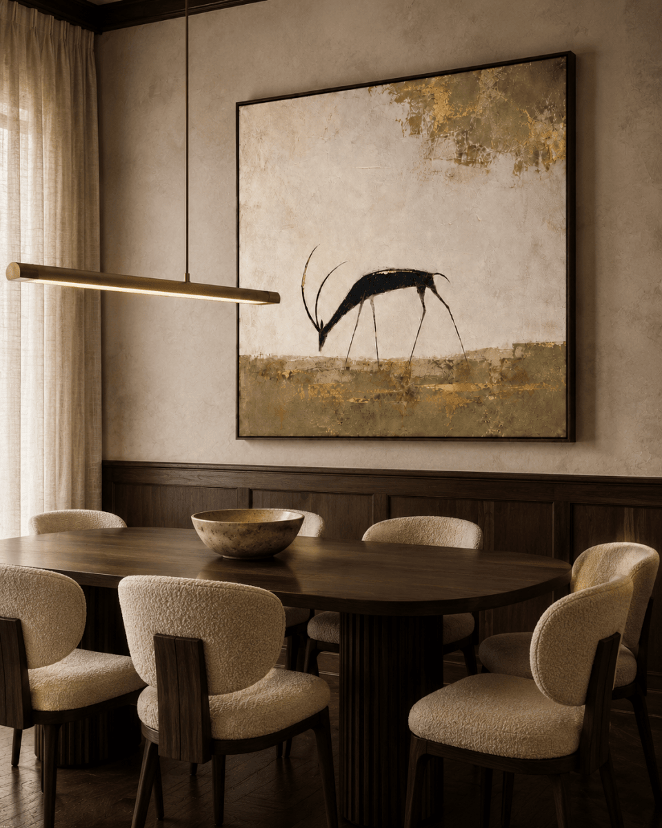 Hand Painted Gazelle Canvas Wall Art, Cream and Gold Leaf Large Square – Still Savannah - Sense for Decor