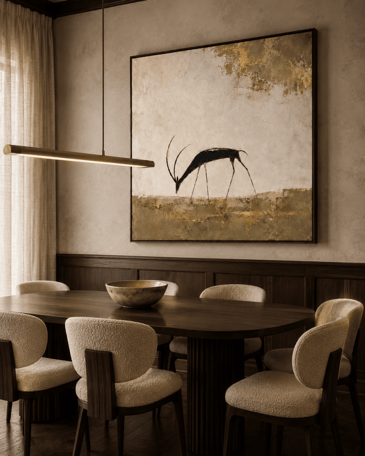 Hand Painted Gazelle Canvas Wall Art, Cream and Gold Leaf Large Square – Still Savannah - Sense for Decor