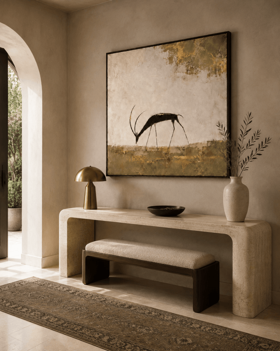 Hand Painted Gazelle Canvas Wall Art, Cream and Gold Leaf Large Square – Still Savannah - Sense for Decor