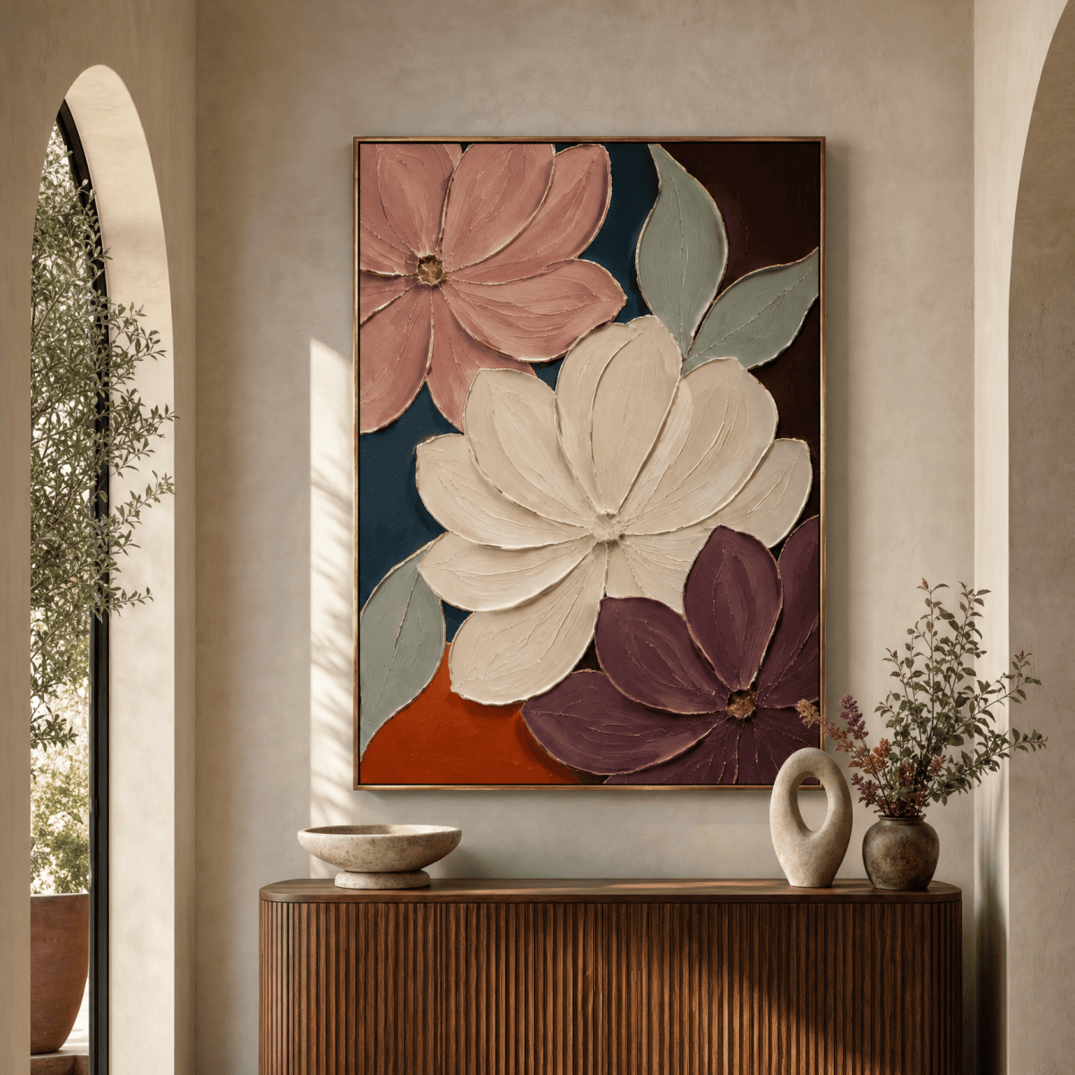 Hand Painted Oversized Floral Canvas Wall Art, Cream and Plum Large Vertical – Velvet Bloom - Sense for Decor