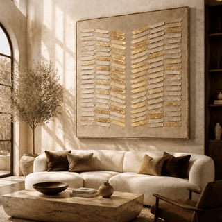 Hand Painted Wabi-Sabi Canvas Wall Art, Cream and Gold Leaf Large Square – Gilded Reed