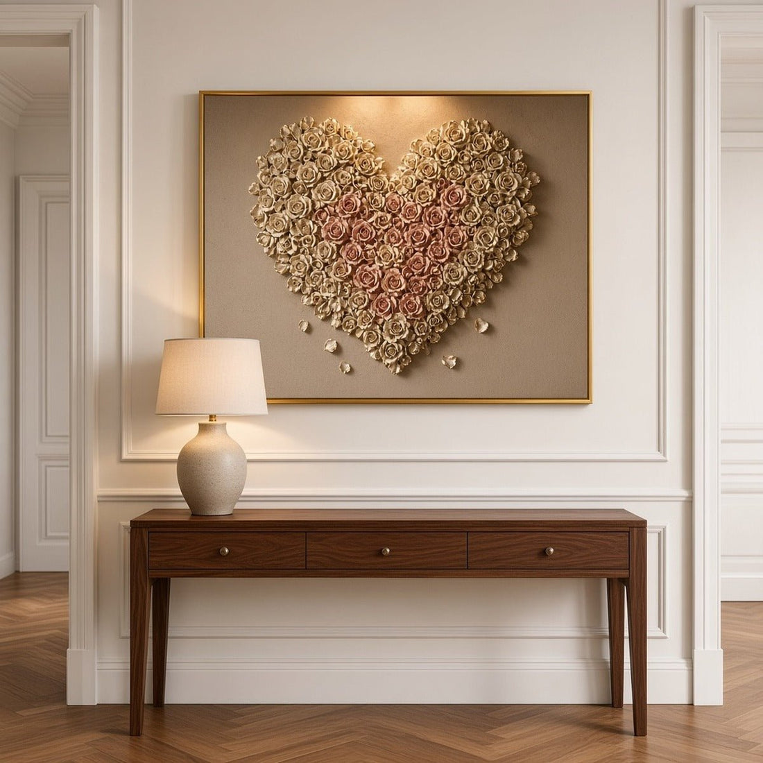 Heart of a Thousand Roses Wall Art – Oversized Ivory and Blush Rose Heart Textured Look Canvas for Living Room - Sense for Decor
