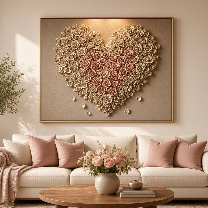 Heart of a Thousand Roses Wall Art – Oversized Ivory and Blush Rose Heart Textured Look Canvas for Living Room - Sense for Decor
