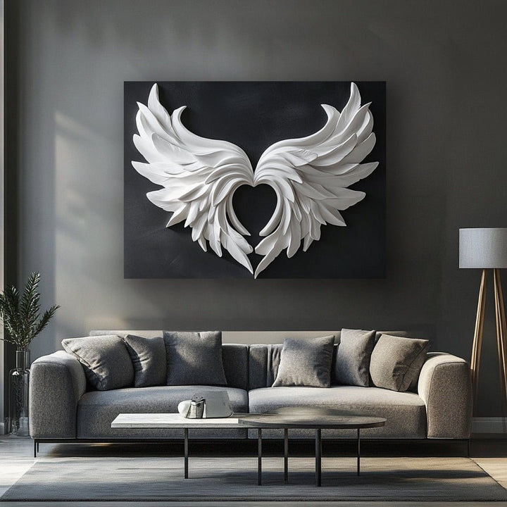 Heart of Angels – Modern White Wing Wall Art on Black Canvas - Sense for Decor