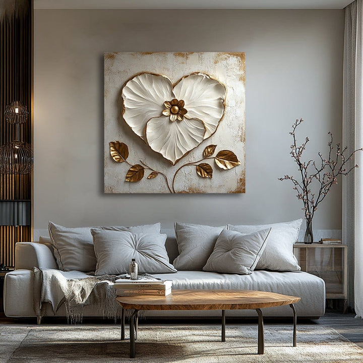 Heart Petal Floral Wall Art – Elegant Gold & White Canvas for Romantic and Modern Decor - Sense for Decor