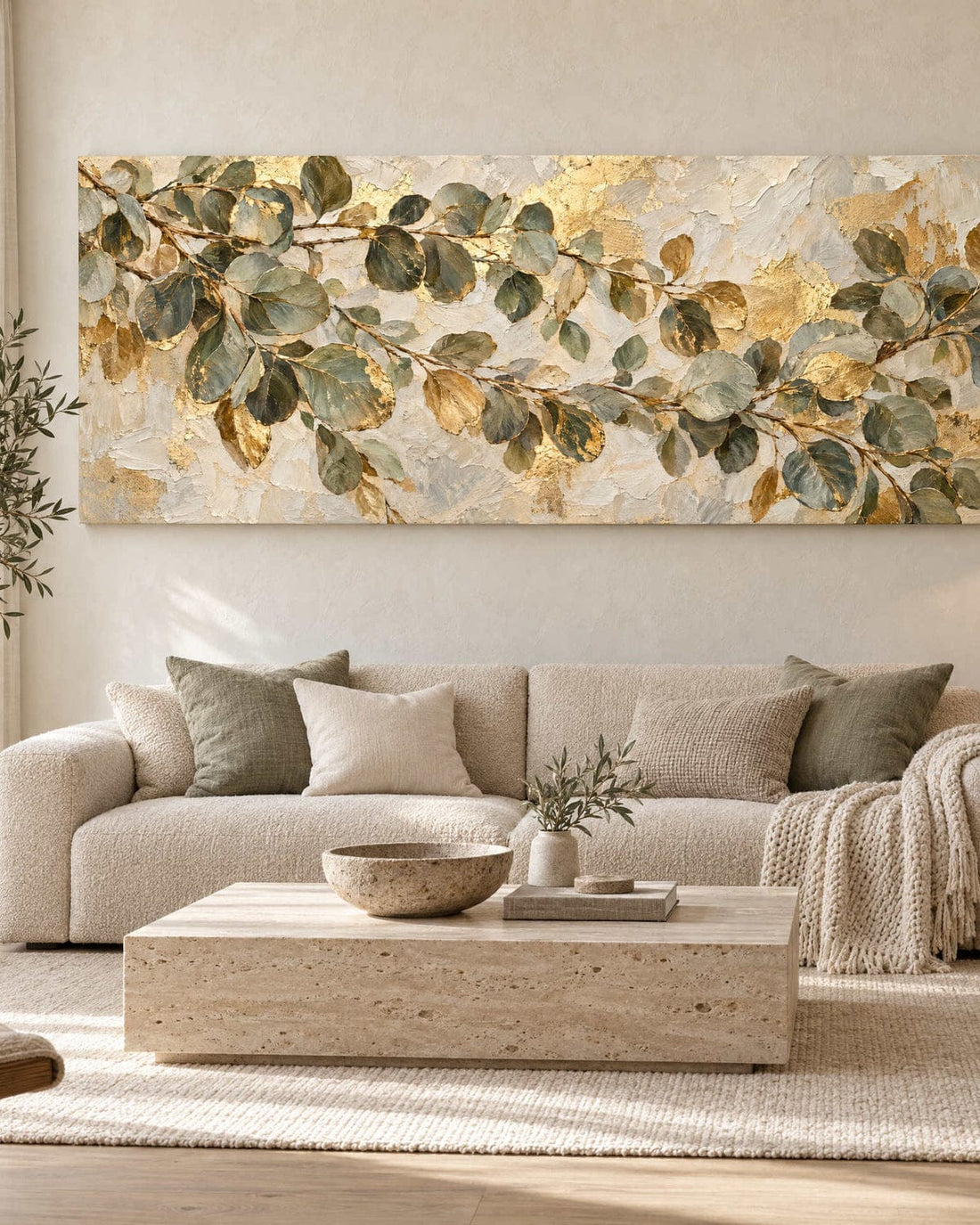 Oversized sage green and gold eucalyptus canvas hung above a cream sofa in a bright living room