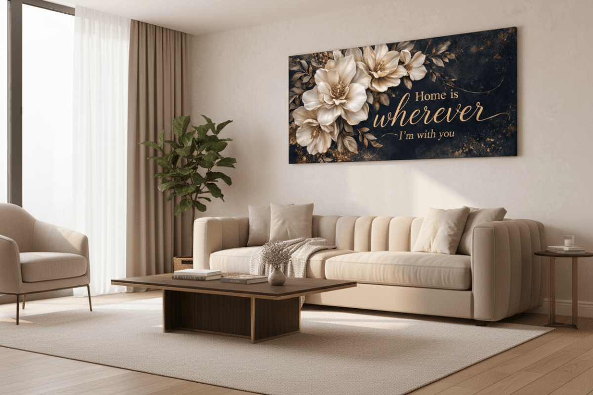 Home is Wherever I’m With You Wall Art - Elegant Floral Canvas Print with Gold Accents - Sense for Decor