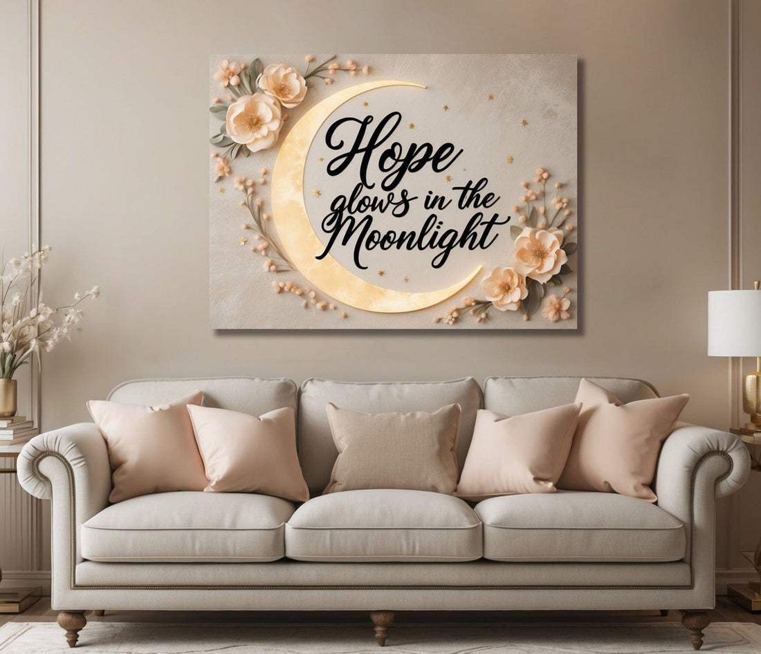 Hope Glows in the Moonlight - Elegant Crescent Moon & Floral Canvas Wall Art - Sense for Decor