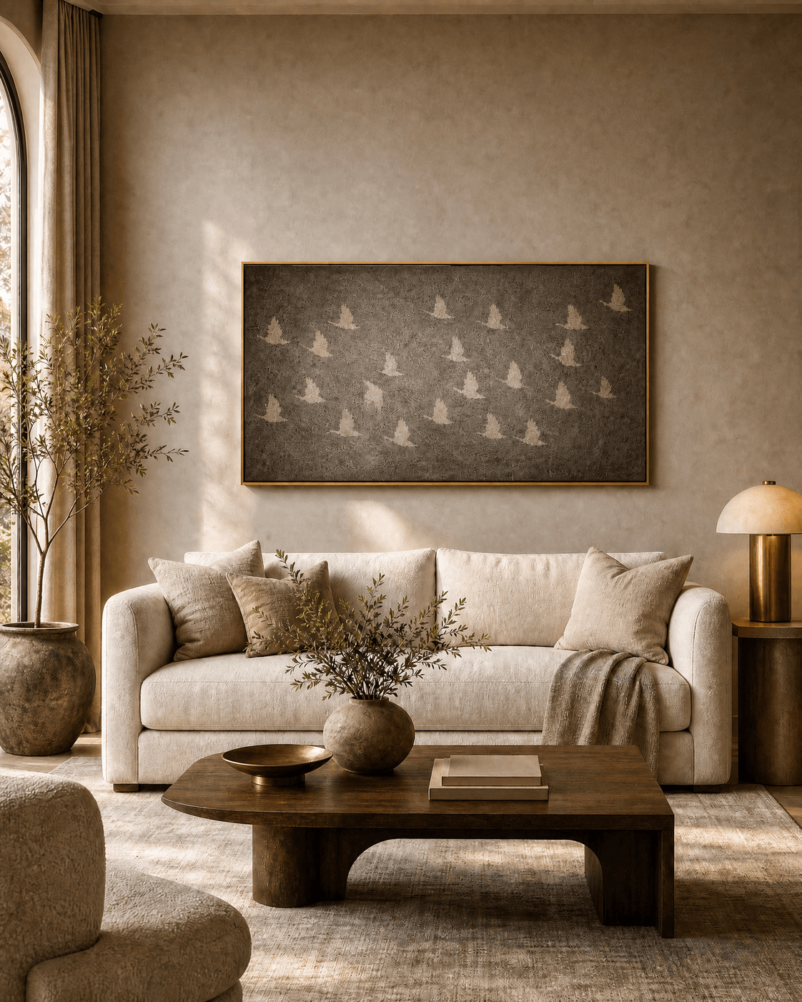 Horizontal flying birds wall art on charcoal canvas with gold frame, hung above a cream sofa
