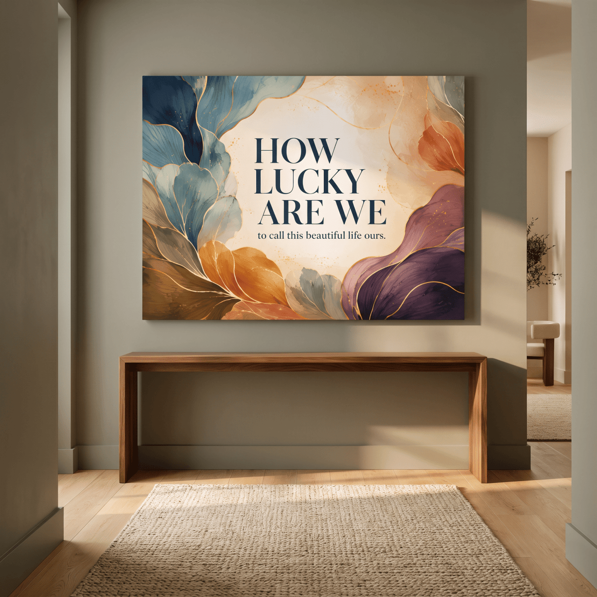 How Lucky Are We Wall Art – Modern Abstract Botanical Canvas in Teal, Amber & Plum with Gold - Sense for Decor