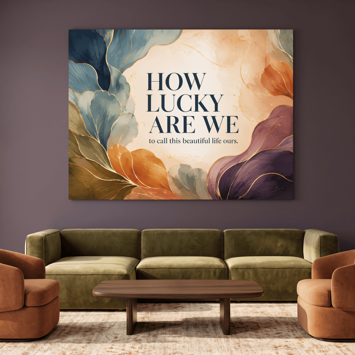 How Lucky Are We Wall Art – Modern Abstract Botanical Canvas in Teal, Amber & Plum with Gold - Sense for Decor