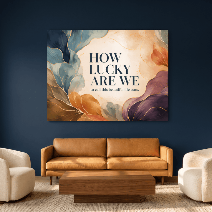How Lucky Are We Wall Art – Modern Abstract Botanical Canvas in Teal, Amber & Plum with Gold - Sense for Decor