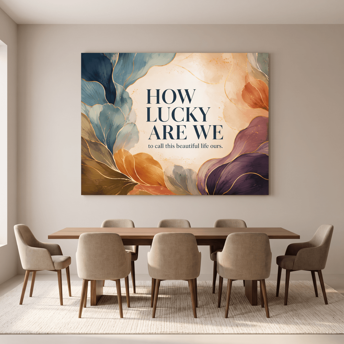 How Lucky Are We Wall Art – Modern Abstract Botanical Canvas in Teal, Amber & Plum with Gold - Sense for Decor
