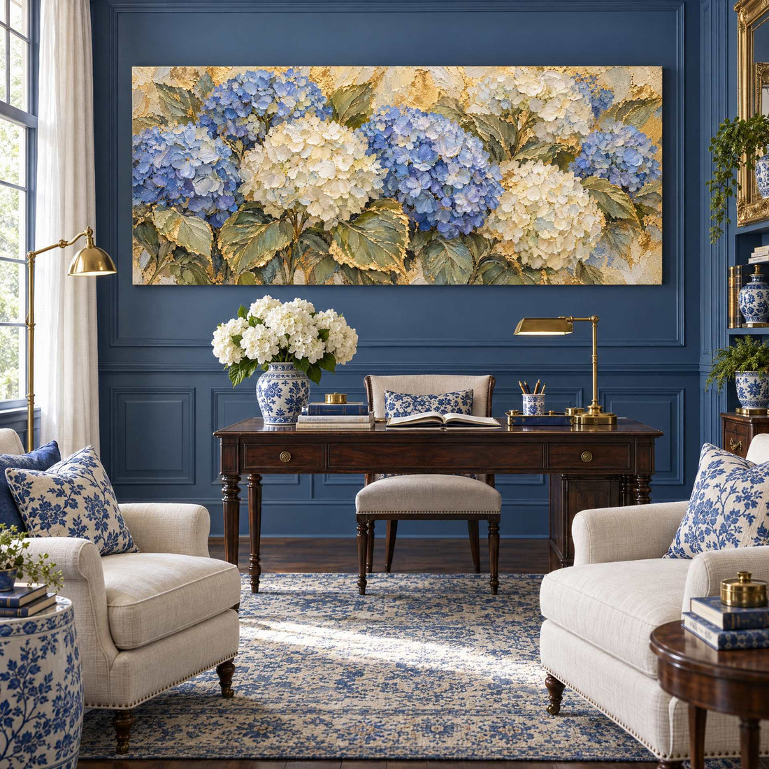 Blue hydrangea canvas on a deep blue wall above a desk in a study