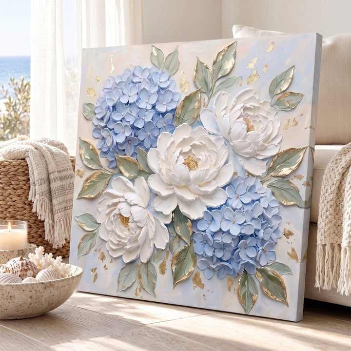 Hydrangea and Peony Wall Art – Oversized Blue, White and Gold Floral Textured Look Canvas for Living Room - Sense for Decor