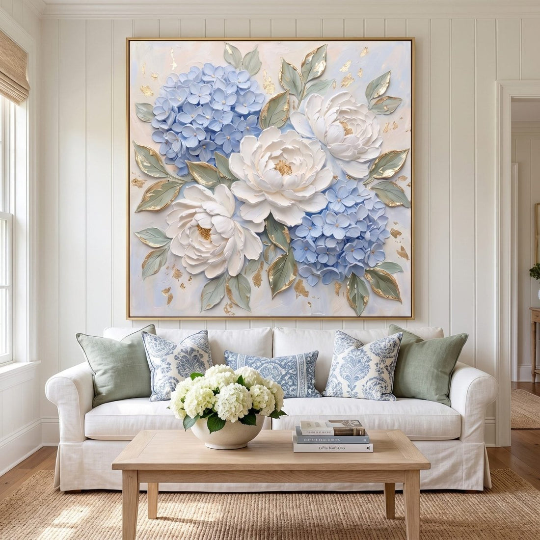 Hydrangea and Peony Wall Art – Oversized Blue, White and Gold Floral Textured Look Canvas for Living Room - Sense for Decor