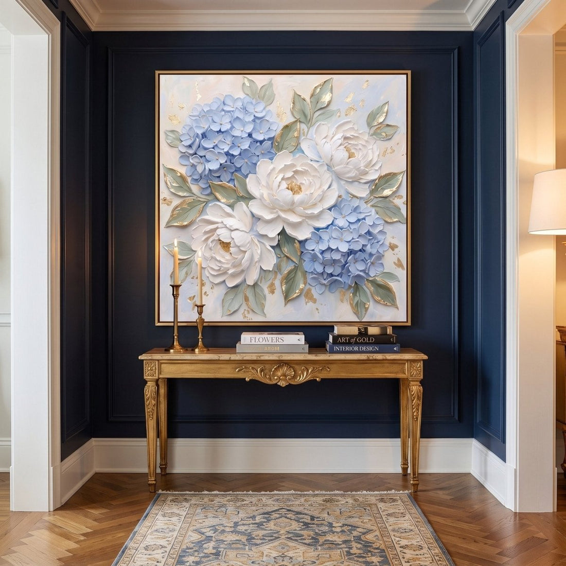 Hydrangea and Peony Wall Art – Oversized Blue, White and Gold Floral Textured Look Canvas for Living Room - Sense for Decor