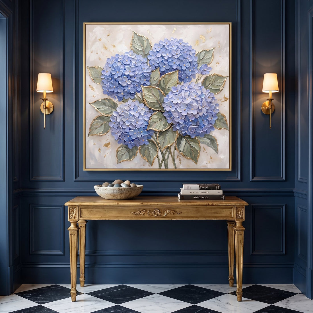 Blue hydrangea canvas above a gilded console in a navy entryway