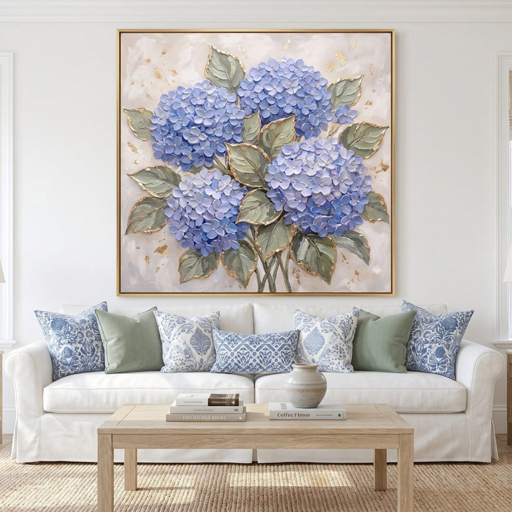 Hydrangea Cascade Wall Art – Oversized Blue and Gold Floral Textured Look Canvas for Living Room - Sense for Decor