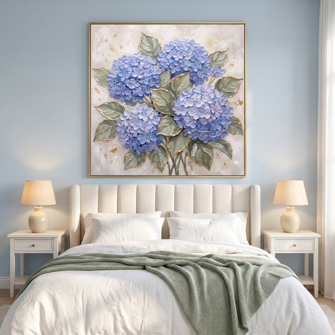 Hydrangea Cascade Wall Art – Oversized Blue and Gold Floral Textured Look Canvas for Living Room - Sense for Decor