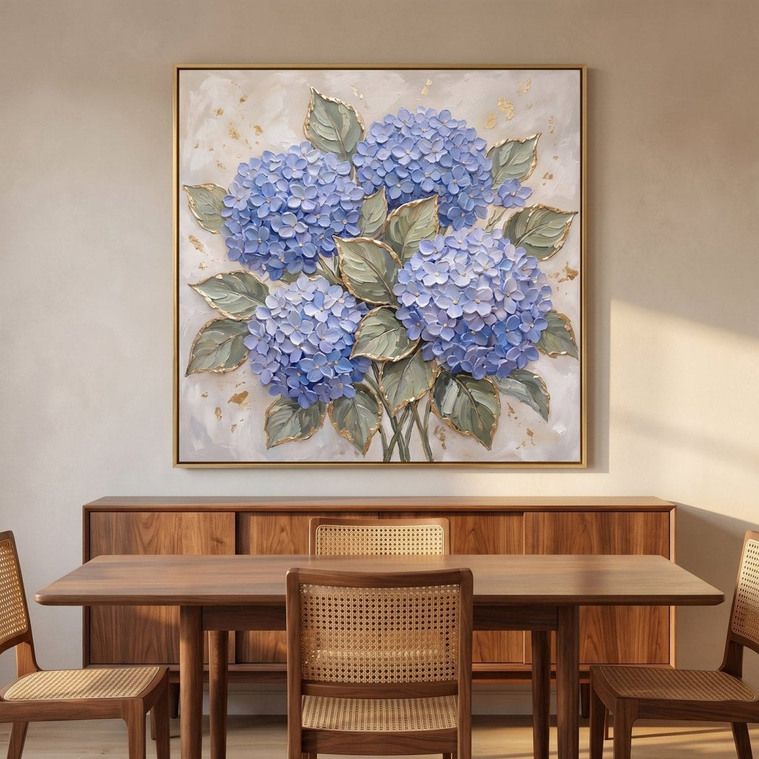 Hydrangea Cascade Wall Art – Oversized Blue and Gold Floral Textured Look Canvas for Living Room - Sense for Decor