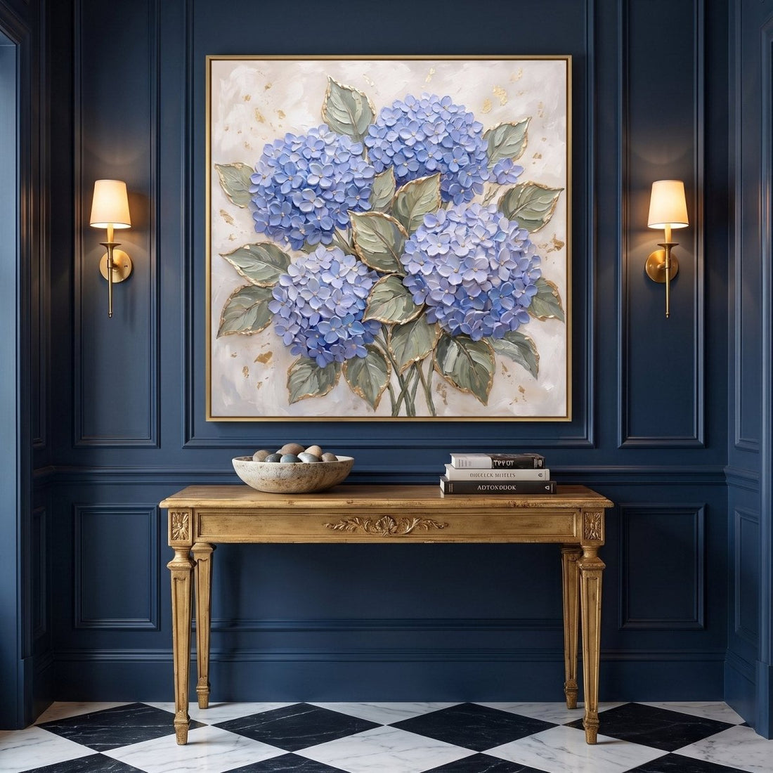 Hydrangea Cascade Wall Art – Oversized Blue and Gold Floral Textured Look Canvas for Living Room - Sense for Decor