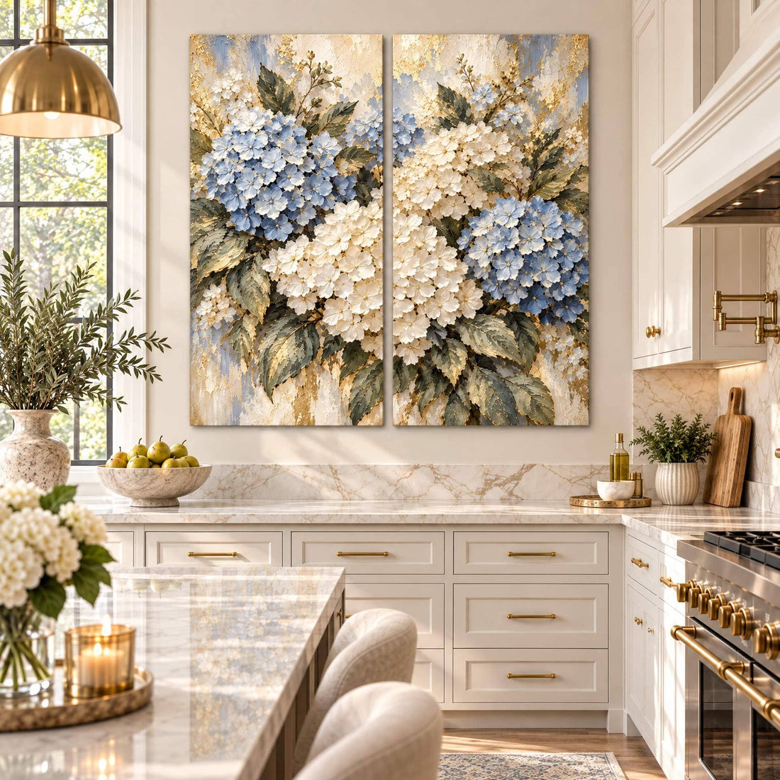 Blue hydrangea canvas pair above a marble counter in a bright white kitchen