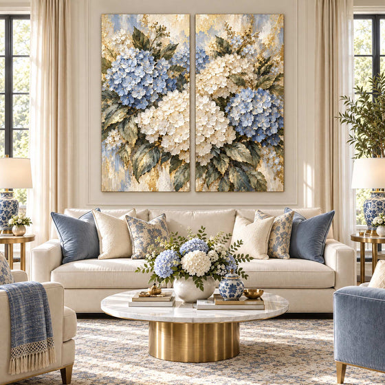 Blue Hydrangea Wall Art – Oversized 2 Piece Textured Look Canvas Set for Living Room and Bedroom