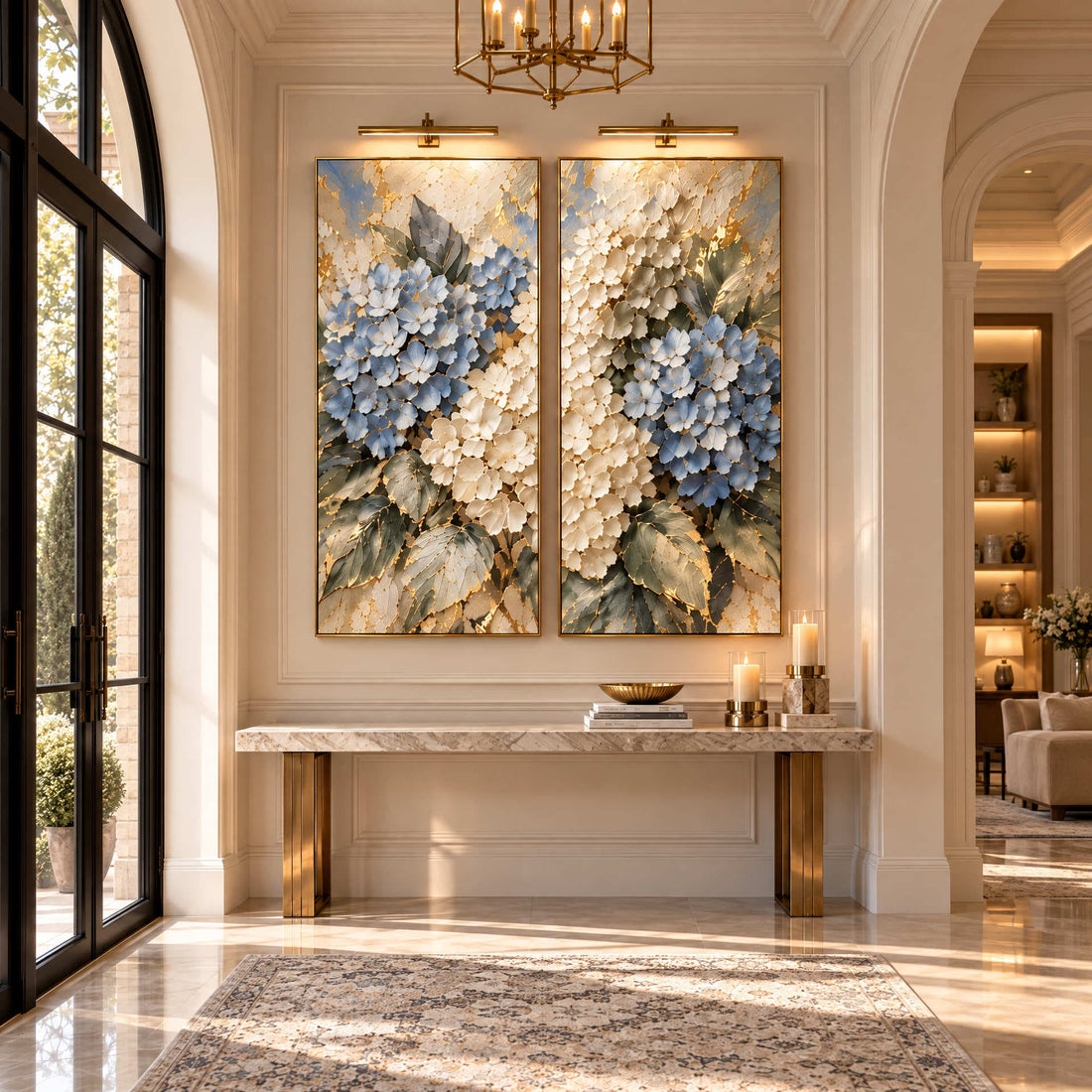 Two panel hydrangea canvas above a marble console in a grand entryway