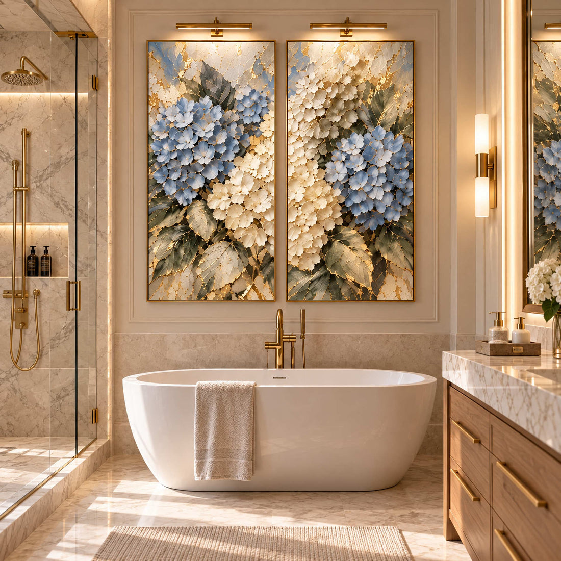 Hydrangea diptych above a freestanding bath in a marble bathroom