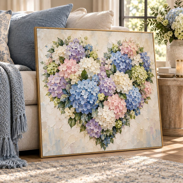 Hydrangea Heart Wall Art – Oversized Blue and Pink Pastel Floral Textured Look Canvas for Living Room - Sense for Decor
