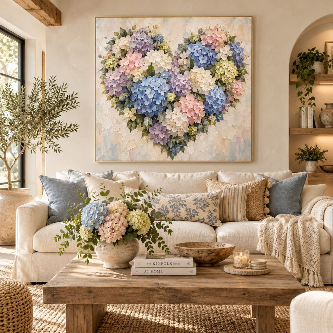 Hydrangea Heart Wall Art – Oversized Blue and Pink Pastel Floral Textured Look Canvas for Living Room - Sense for Decor
