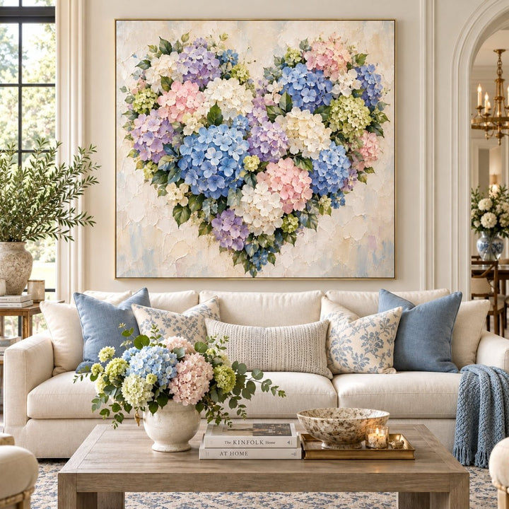 Hydrangea Heart Wall Art – Oversized Blue and Pink Pastel Floral Textured Look Canvas for Living Room - Sense for Decor