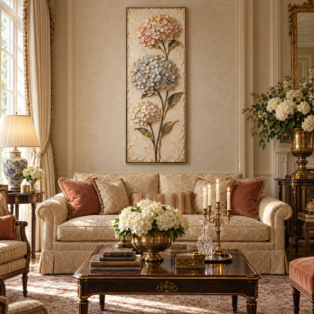 Tall hydrangea canvas above a damask sofa in a grand traditional living room