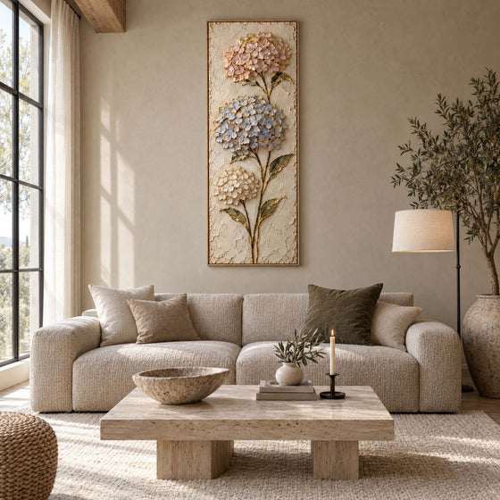 Tall Hydrangea Wall Art – Oversized Blush and Blue Three Bloom Textured Look Canvas for Living Room