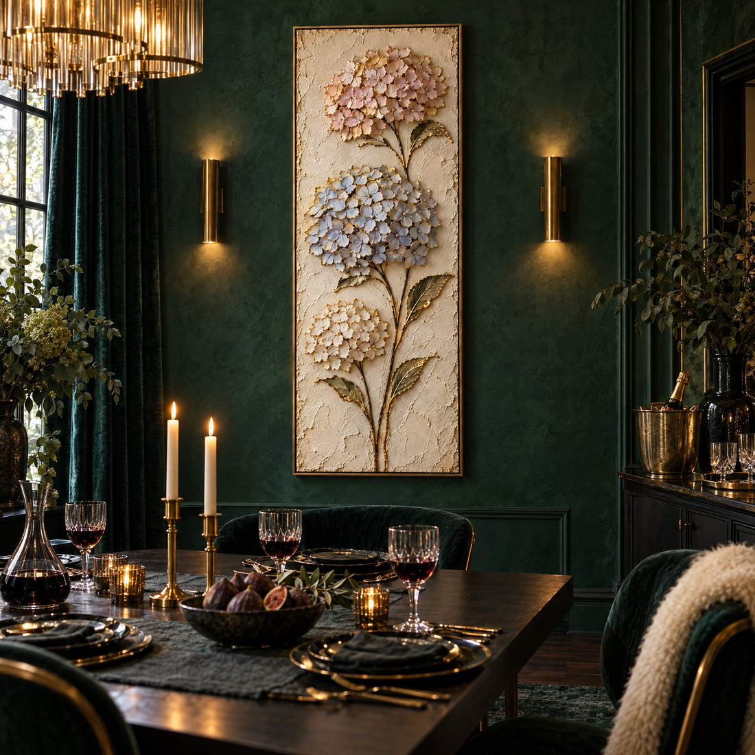Blush and blue hydrangea canvas on an emerald wall above a dining table