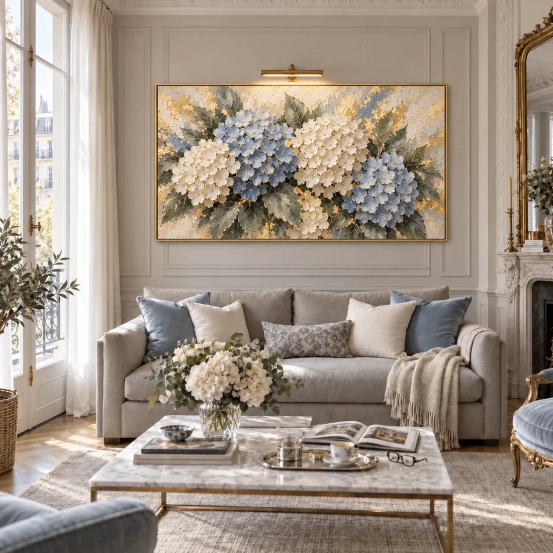 Hydrangea Wall Art – Oversized Blue and Cream Textured Look Canvas with Gold Leaf for Living Room - Sense for Decor