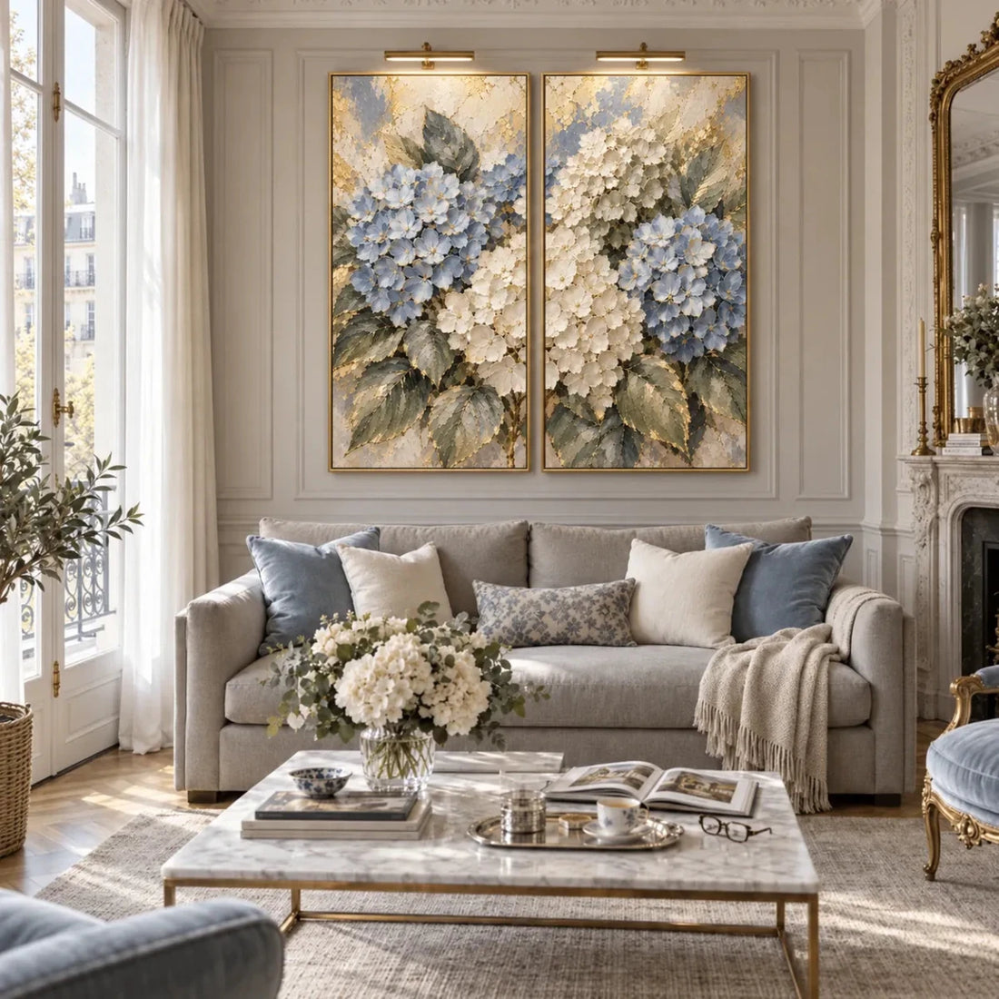 Hydrangea Wall Art – Oversized Blue and Cream Textured Look Canvas with Gold Leaf for Living Room - Sense for Decor