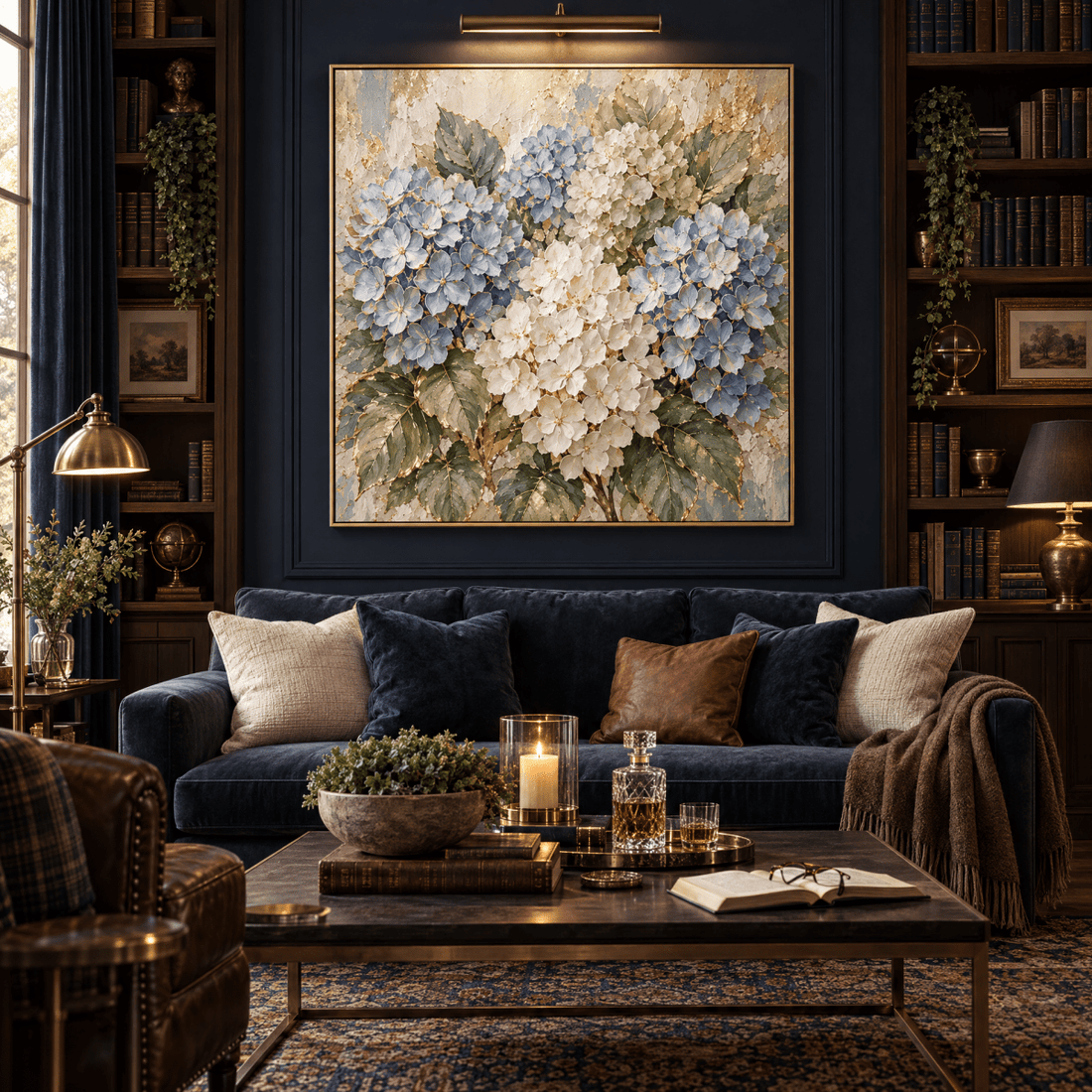 Hydrangea Wall Art – Oversized Blue and Cream Textured Look Canvas with Gold Leaf for Living Room - Sense for Decor