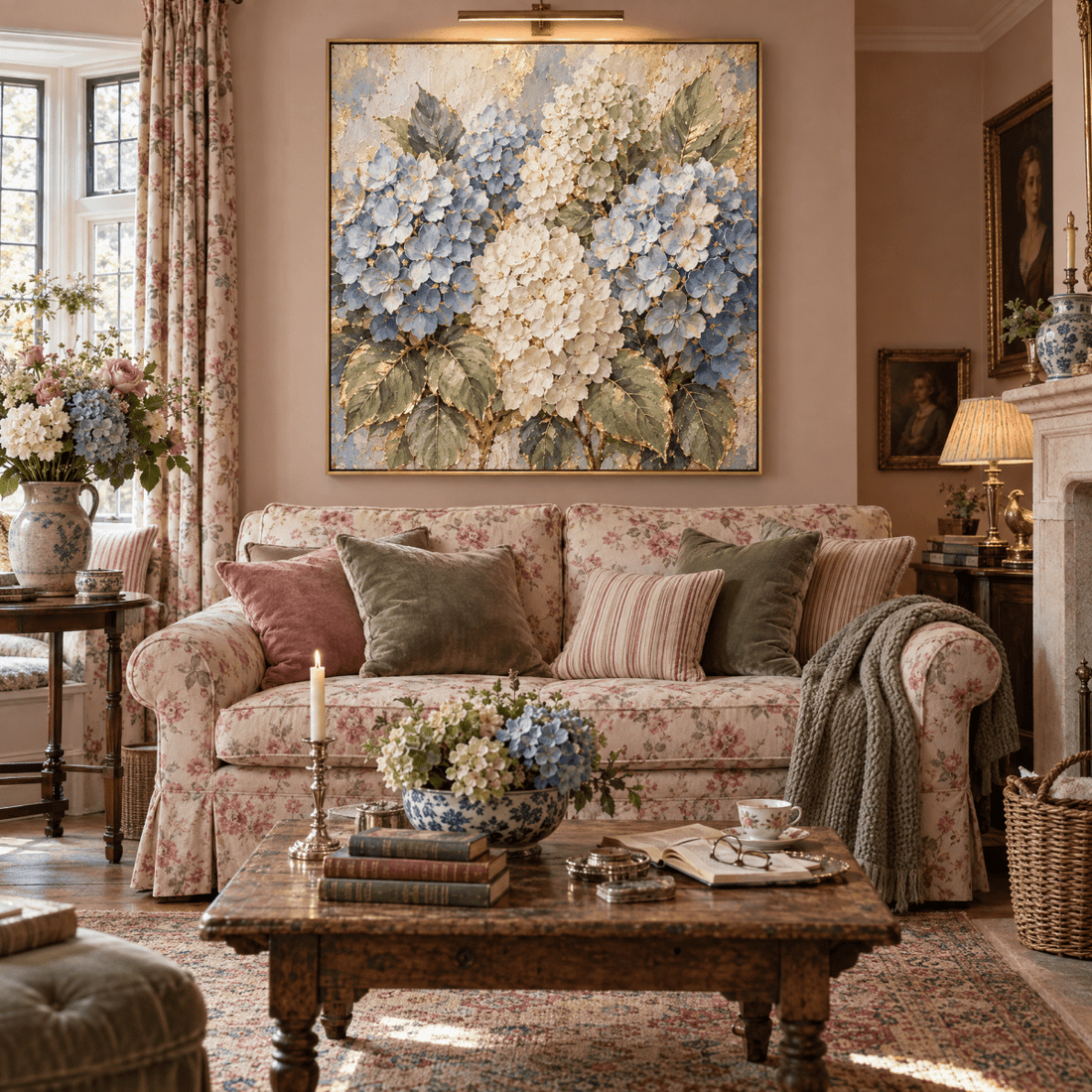 Hydrangea Wall Art – Oversized Blue and Cream Textured Look Canvas with Gold Leaf for Living Room - Sense for Decor
